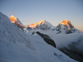 Chopicalqui and the two Huascarans from the way up Yanapaccha at sunrise