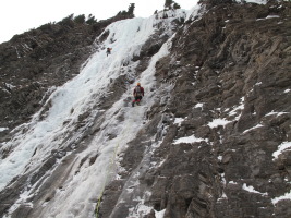 Starting up Snowline, with a party rappelling down Moonlight